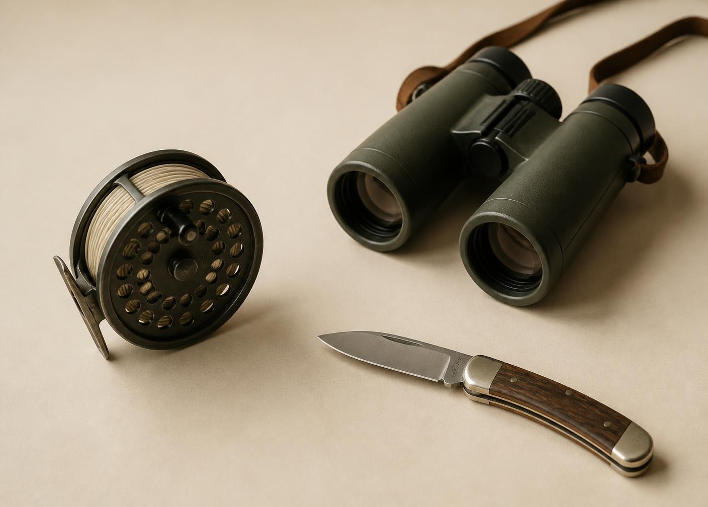 Fly reel, binoculars and a folding knife on a warm neutral surface
